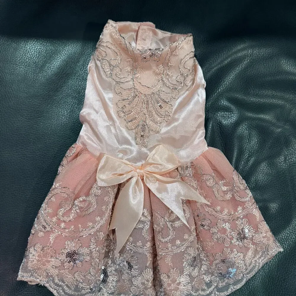 Buffy Pet Home Pink Lace Dog Dress Sequin Silver Embroidery Bow Wedding Small